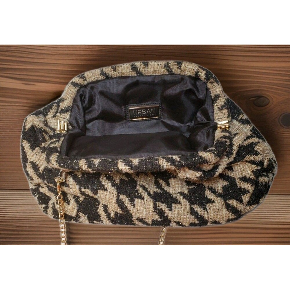 Urban Expressions Houndstooth Chain Strap Shoulder Bag Black Beige Medium